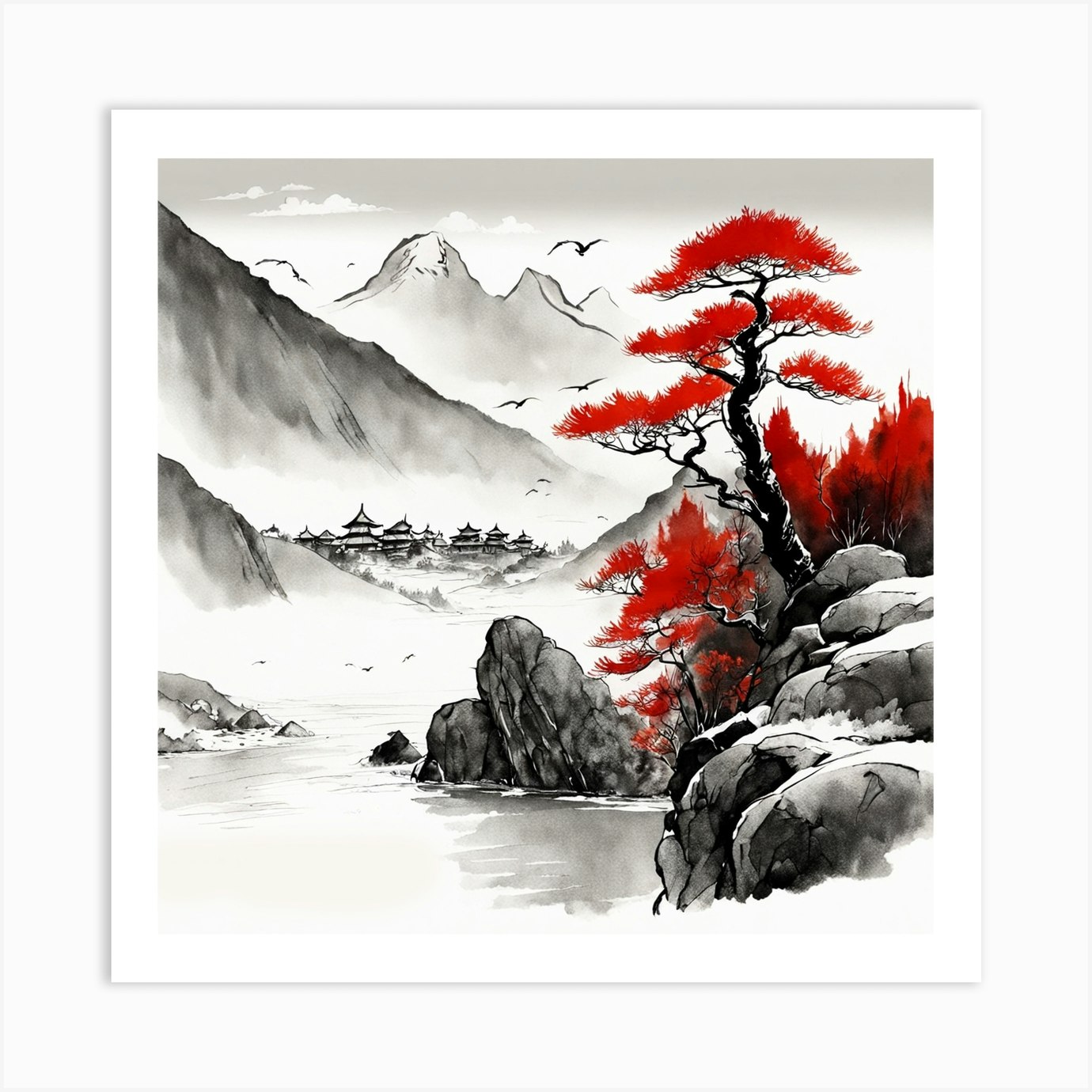 Chinese Ink And Watercolor Painting Of High Mountain Classic Art
