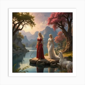 Two Women By The Lake Art Print