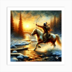 Native American Indian Shooting A Bow Crossing Stream Copy Art Print