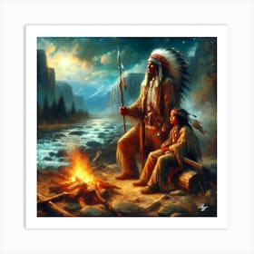 Oil Texture Native American Father And Son By Stream Copy Art Print