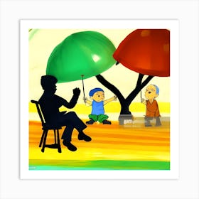 Children Playing With Umbrellas Stock Illustration Art Print