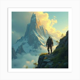 A hiker stands on a rocky path in a mountainous landscape under a colorful sky at sunset near towering peaks Art Print