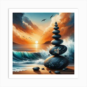 Balancing pebbles at sunset Art Print