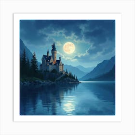 Moonlit Castle On A Serene Lake, Watercolor 1 Art Print