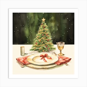 Watercolor Christmas Table Setting Art Print