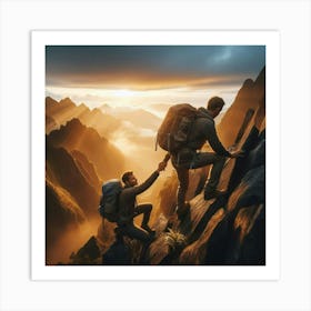 Two Men Climbing A Mountain Art Print