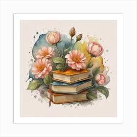 Best books and flowers on watercolor background 2 Art Print