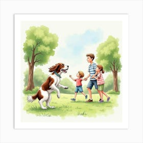 Watercolor Springer Spaniel And A Family Playing Catch In The Park Art Print