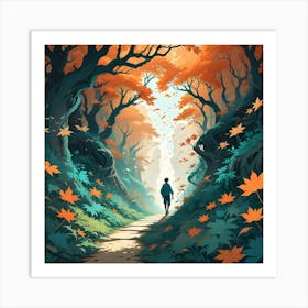 A Lone Person Walking On A Path Through A Magical Forest With Vibrant Orange And Teal Foliage, Creating A Sense Of Mystery And Adventure Art Print