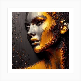 Woman's Face Looking Sideway - An Abstract Artwork In Shades Of Silver, Yellow, And Orange Lines And Textures On Dark Background. Art Print