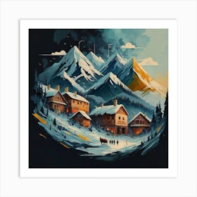 Abstract painting of a mountain village with snow falling 8 Art Print