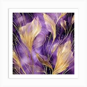 Gold Feathers On Purple Background Art Print