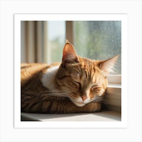 Cat Sleeping On Window Sill 1 Art Print