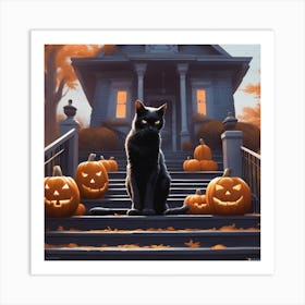 Black Cat With Pumpkins Art Print
