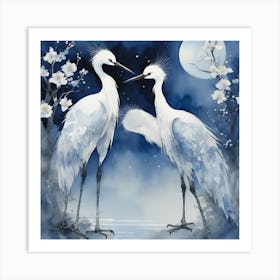 Egrets In The Moonlight Art Print