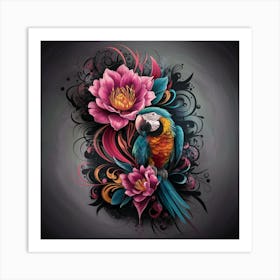 Parrot And Flowers 2 Art Print