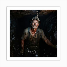 Old Miner With A Grimy Face Emerges From A Coal Shaft Faint Light Reveals A Rugged Visage Coal Dus Art Print