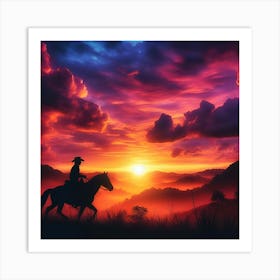 Silhouette Of A Cowboy Riding Into The Sunset, C4d, Dreamy And Optimistic, Vibrant Sky Art Print