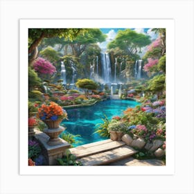 Beautiful Waterfall Garden Eden Garden In Dreams Water Fall mountain Blue Sky Beautiful Building Ultra Hd Art Print