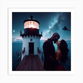Couple Kissing At Lighthouse Art Print