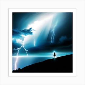 Lightning streaks coming down to the water  Art Print