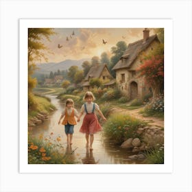 Two Little Girls Walking By A Stream Art Print