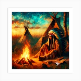 Oil Texture Native American Woman By A Campfire Copy Art Print