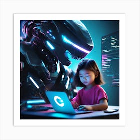 Girl Using A Computer Art Print