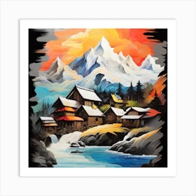 Abstract painting of a mountain village with snow falling 2 Art Print