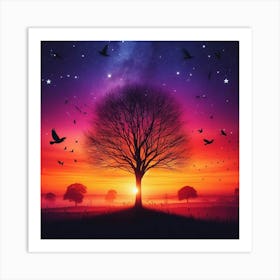 Sunset Tree With Birds Art Print