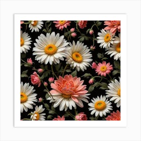 2d Daisy And Rose Line Art Floral Fabric Pattern On Black Background 2323570871 Art Print