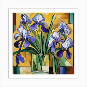 Cubism Art, Irises flowers in a vase 1 Art Print