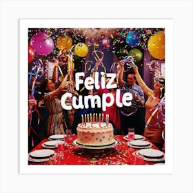 Feliz cumple and Feliz cumpleaños sign means Happy Birthday in Spanish language, Birthday party celebration gift with birthday cake candle colorful balloons best congratulation over light backgroundFiesta Cumple 4 Art Print