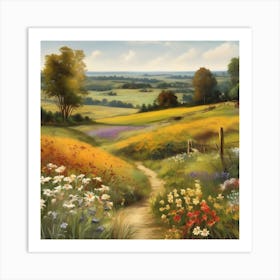 Path Through The Meadow.An elaborate work of art about nature in the countryside of old England, antique oil colours, the touch of a creative artist. Art Print