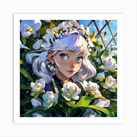 Anime Girl With Flowers Art Print