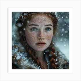 Macro Portrait Freckled Woman Ensconced In A Snowy Fur Jacket Individual Snowflakes Clinging To Th Art Print