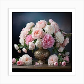 A Delicately Refined Bouquet Placed In An Exquisite Ornamental Vase Cradling Peonies And Roses In Art Print