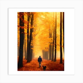 Man Walking His Dog In The Forest Art Print