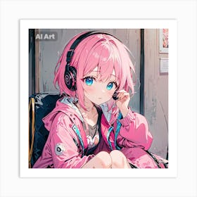 A small girl having blue eyes and pink hair, wearing a pink jacket, listening to her headphone while sitting on her chair. Art Print