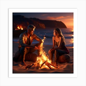 Couple By The Fire Art Print