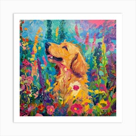 Dog and flowers Art Print