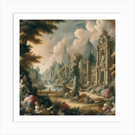 Abstract Elements And A Rococo Style, The Painting Depicts A Garden In High Resolution  Art Print