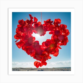 a large, red, petal-made heart hanging in the sky, backlit by the sun with a clear blue backdrop Art Print