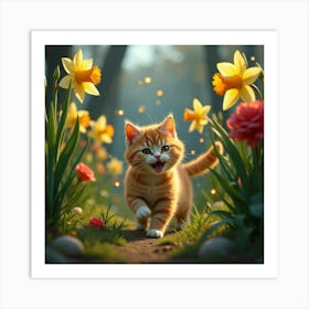 A Playful Cat Chasing Glowing Fireflies Through A Garden Of Oversized Daffodils And Roses Art Print