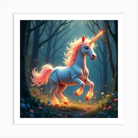 A Whimsical Unicorn With A Mane Of Glowing, Fractal Light Galloping Through A Dreamlike Forest 1 Art Print