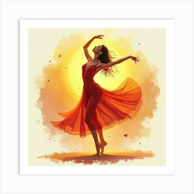 Graceful Dancer With Watercolor Golden Sunset 1 Art Print