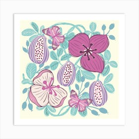 Akebia Flowers with Fruits Cream Background Art Print