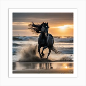 Black Horse On The Beach At Sunset Art Print