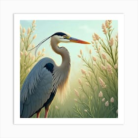 Heron By Blooming Reeds 1 Art Print