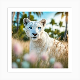 Pure White Snow Lepord Deep Blue Eyes Looking At Camera Walking Through A Field Of Flowers, Pettles Long Grass 1 Art Print